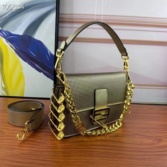 Fendi Women FF Baguette Brooch Fendace Bag Gold Perforated Leather