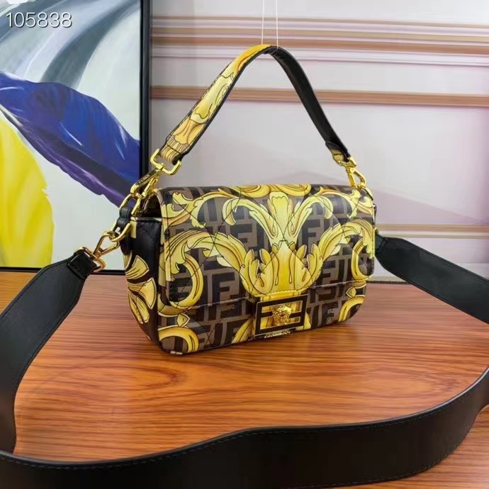 Fendi Women FF Baguette Fendace Quilted Black Silk Bag