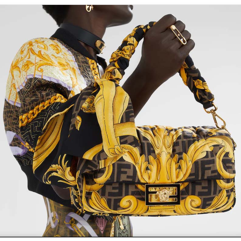Fendi Women FF Baguette Fendace Quilted Black Silk Bag