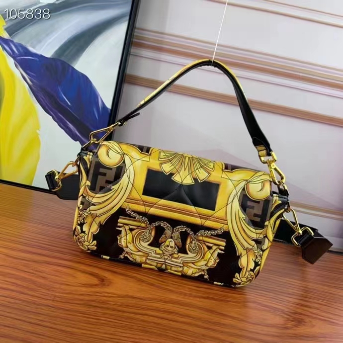 Fendi Women FF Baguette Fendace Quilted Black Silk Bag