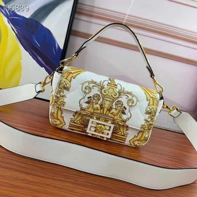 Fendi Women FF Baguette Fendace Quilted White Silk Bag