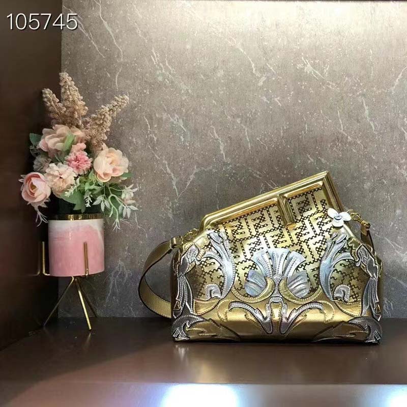 Fendi Women FF Fendi First Medium Fendace Gold-Colored Leather Bag Appliqués
