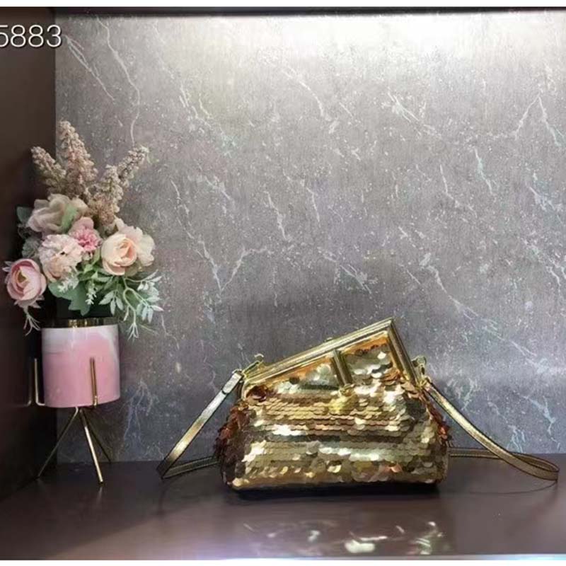 Fendi Women FF First Small Gold Colored Leather Sequinned Bag
