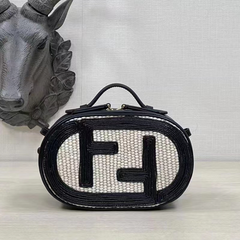 Fendi Women FF O’Lock Mini Camera Case Beige Black Straw Mini Bag