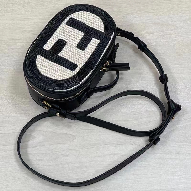 Fendi Women FF O’Lock Mini Camera Case Beige Black Straw Mini Bag