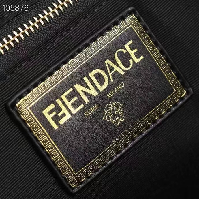 Fendi Women FF Small Shopping Bag Fendace Embroidered Black Canvas Logo Shopper