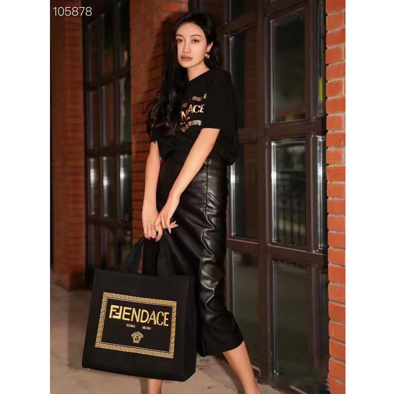 Fendi Women FF Small Shopping Bag Fendace Embroidered Black Canvas Logo Shopper
