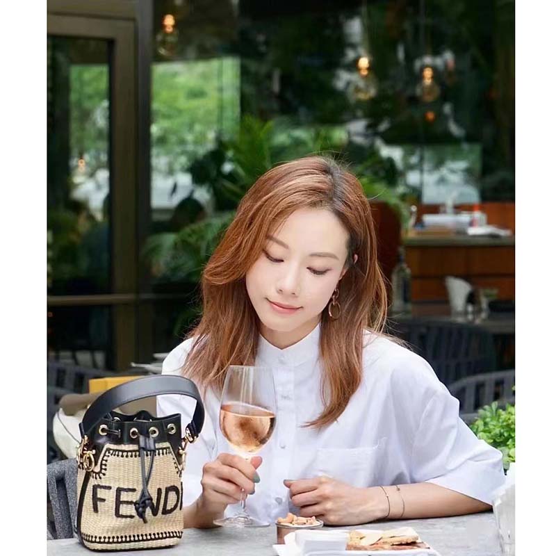 Fendi Women Mon Tresor Beige Black Straw Mini Bag