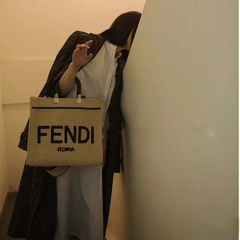 Fendi Women Sunshine Medium Beige Black Straw Shopper