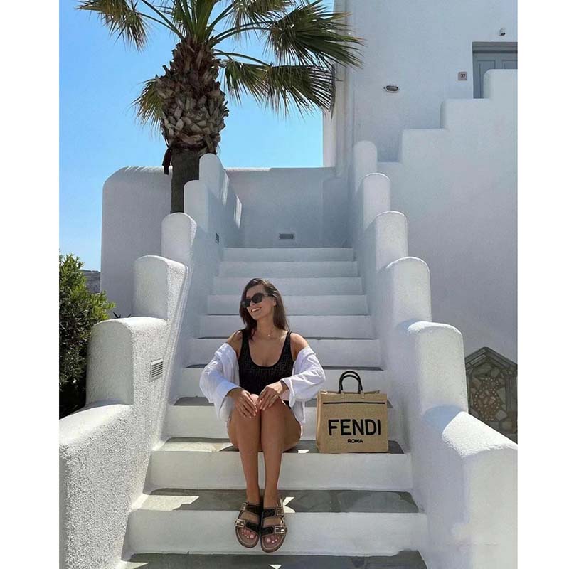 Fendi Women Sunshine Medium Beige Black Straw Shopper