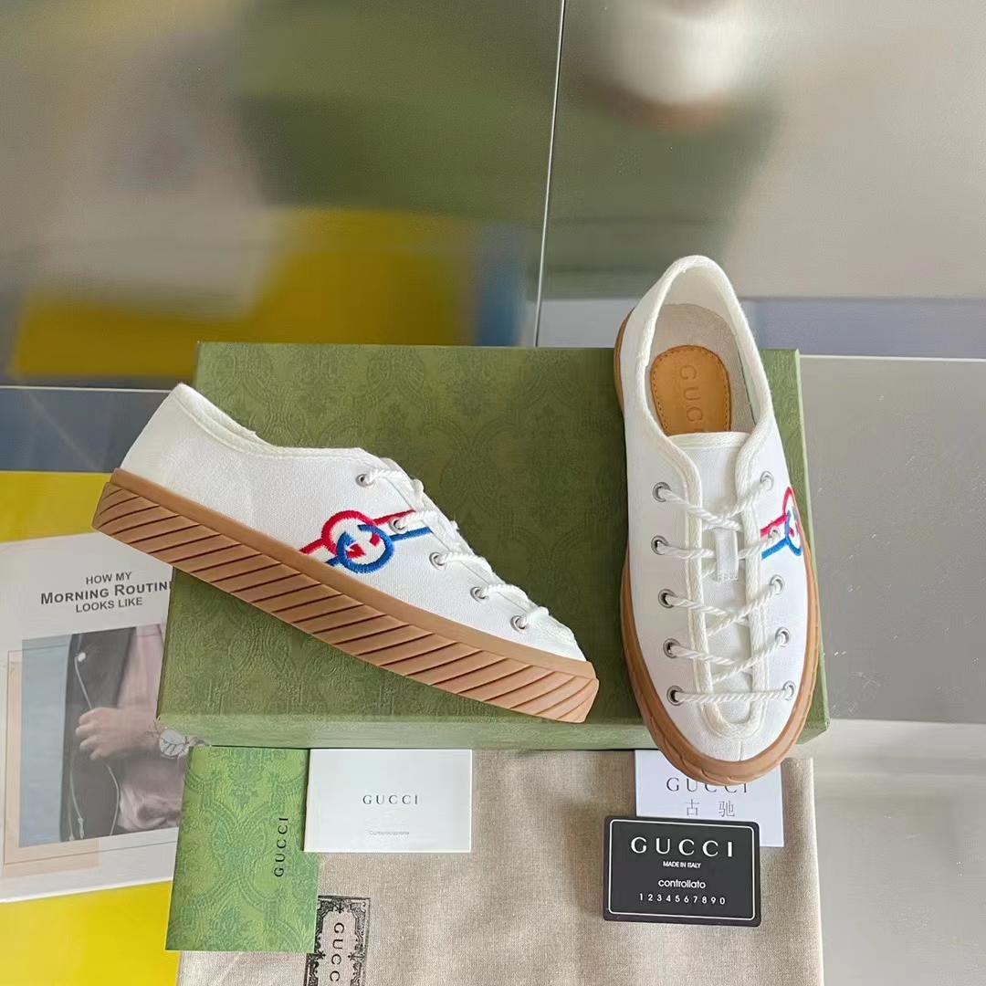 G*u*i unisex gg interlocking g sneaker beige organic cotton rubber sole flat
