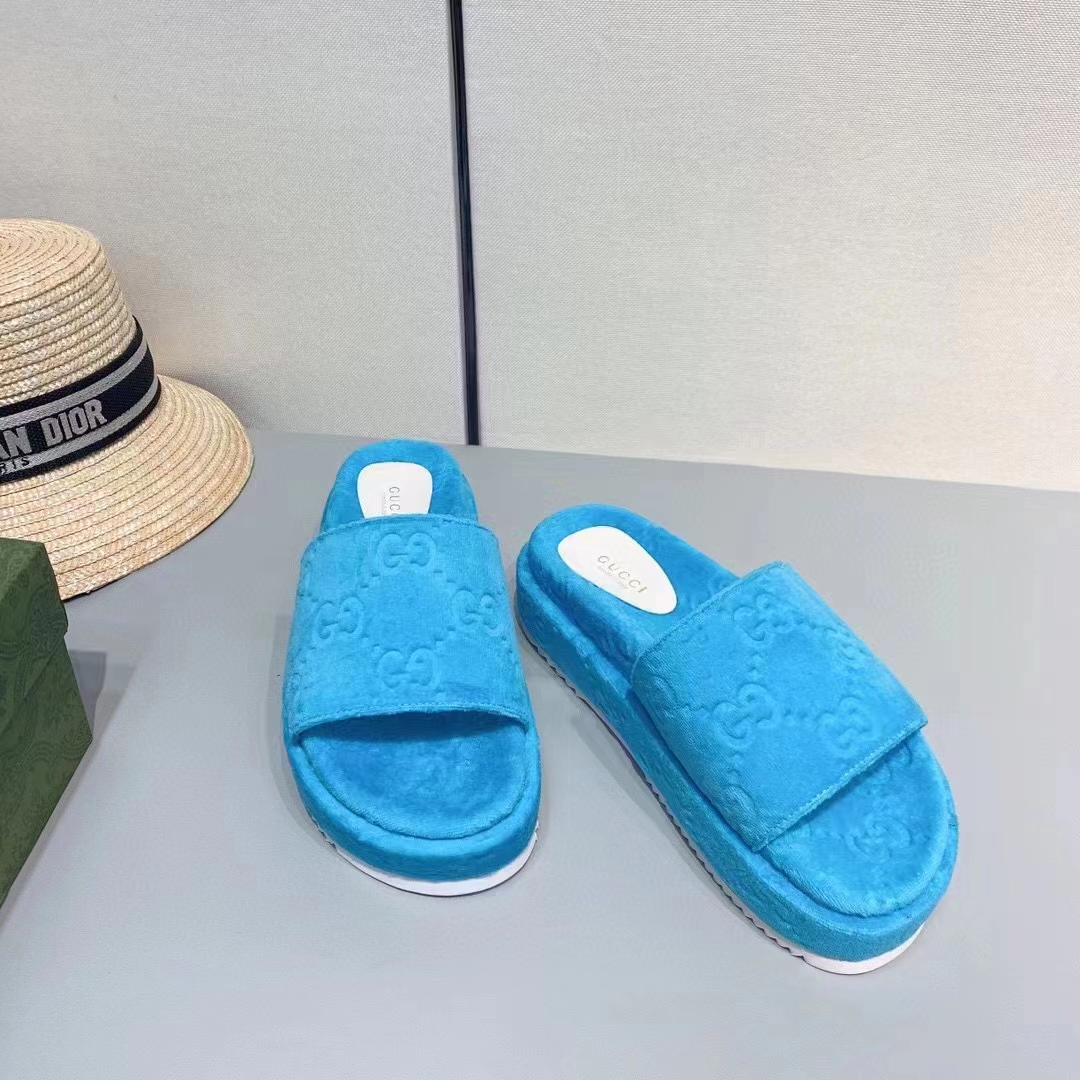 G*u*i unisex gg platform sandals blue gg cotton sponge rubber sole 3 cm heel