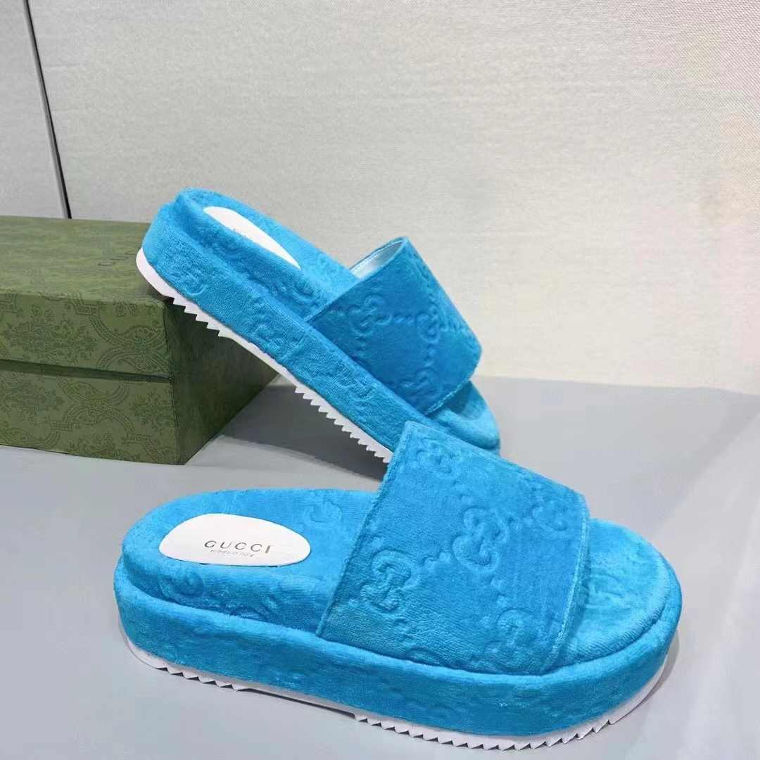 G*u*i unisex gg platform sandals blue gg cotton sponge rubber sole 3 cm heel