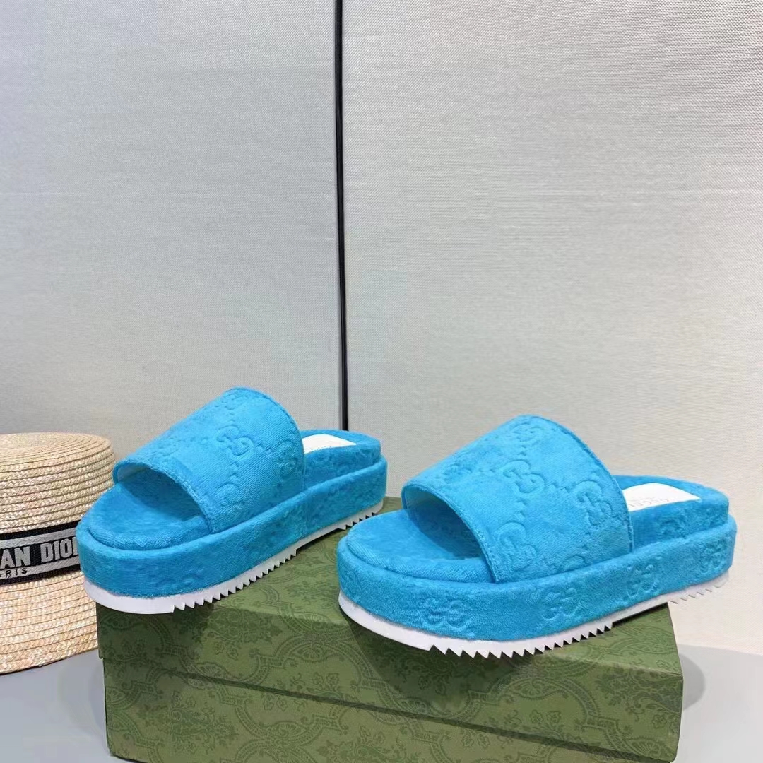 G*u*i unisex gg platform sandals blue gg cotton sponge rubber sole 3 cm heel