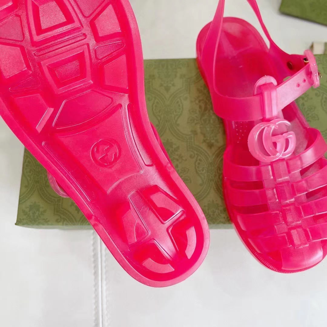 G*u*i unisex gg sandal double g pink transparent rubber sole ankle buckle flat