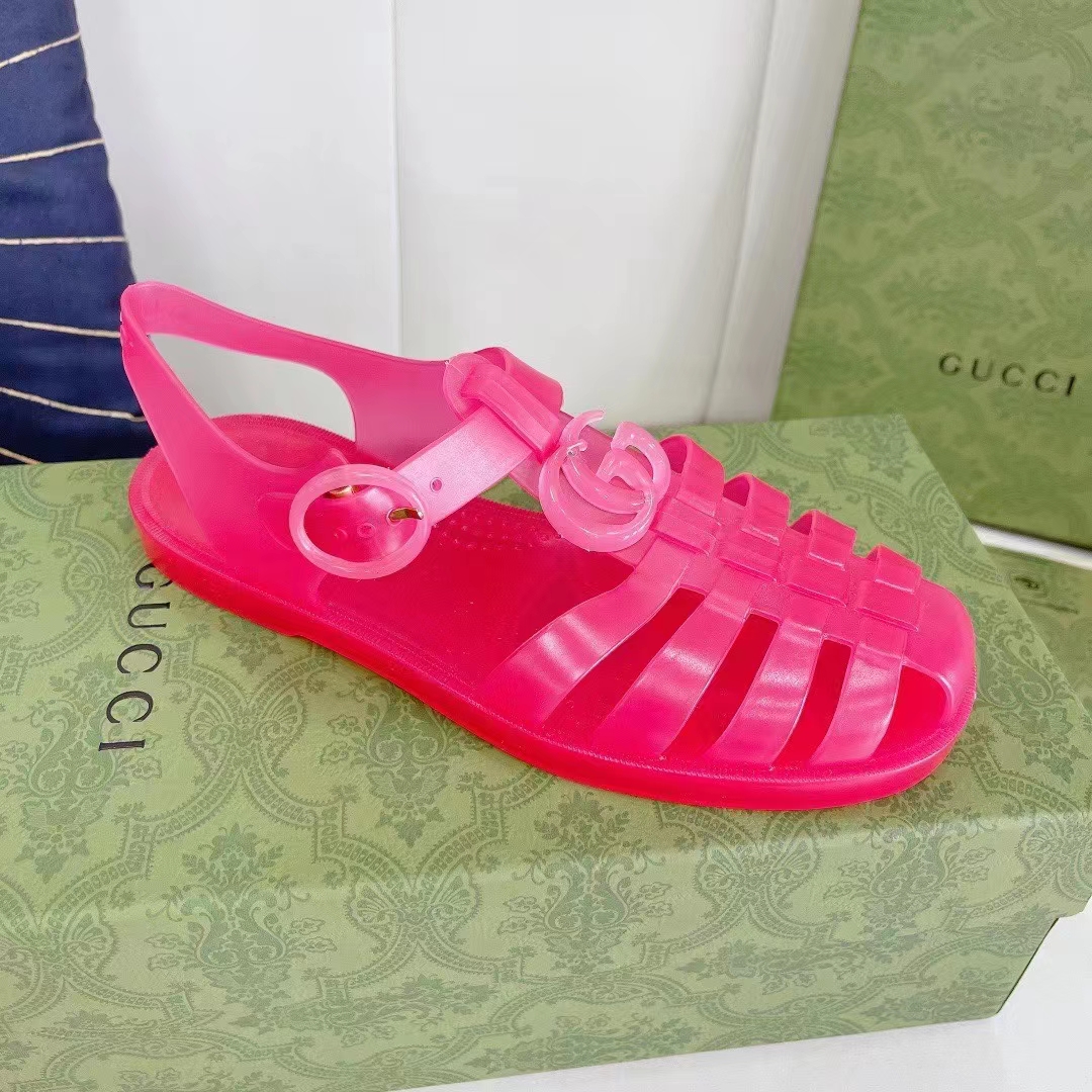 G*u*i unisex gg sandal double g pink transparent rubber sole ankle buckle flat