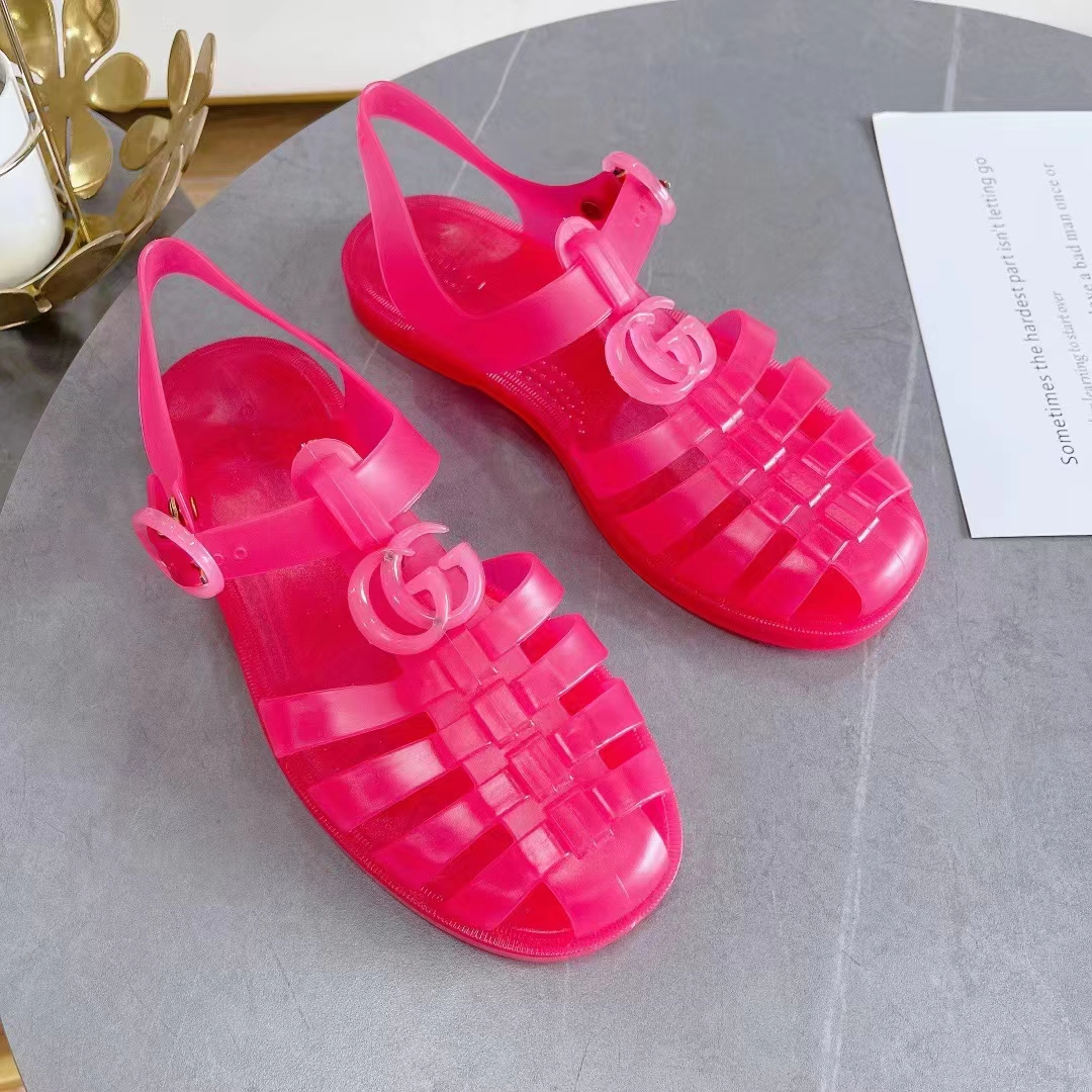 G*u*i unisex gg sandal double g pink transparent rubber sole ankle buckle flat