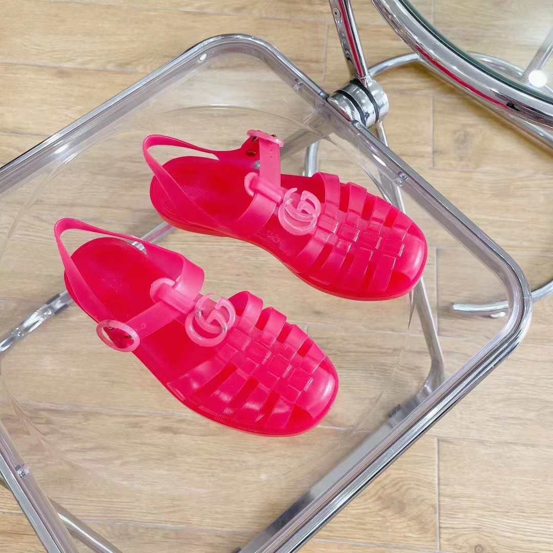 G*u*i unisex gg sandal double g pink transparent rubber sole ankle buckle flat