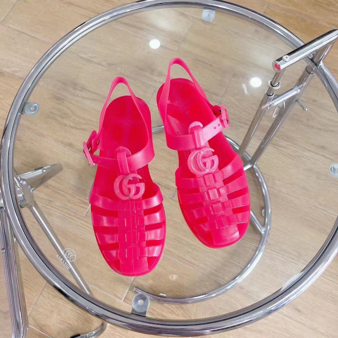 G*u*i unisex gg sandal double g pink transparent rubber sole ankle buckle flat