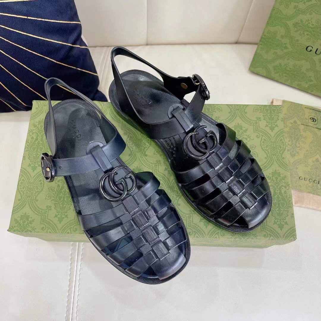 G*u*i unisex gg sandal double g black rubber sole ankle buckle flat