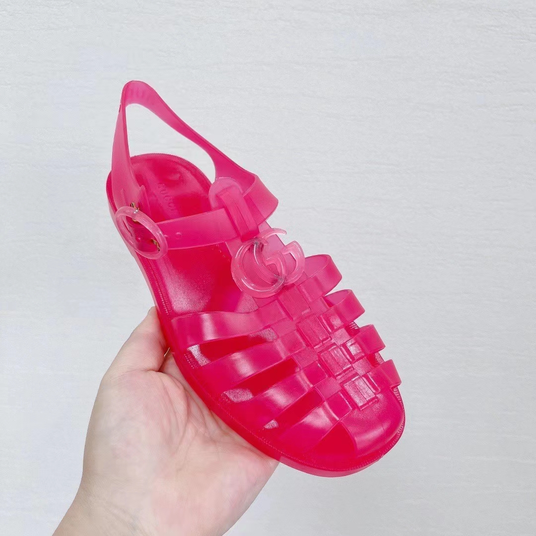 G*u*i unisex gg sandal double g pink transparent rubber sole ankle buckle flat