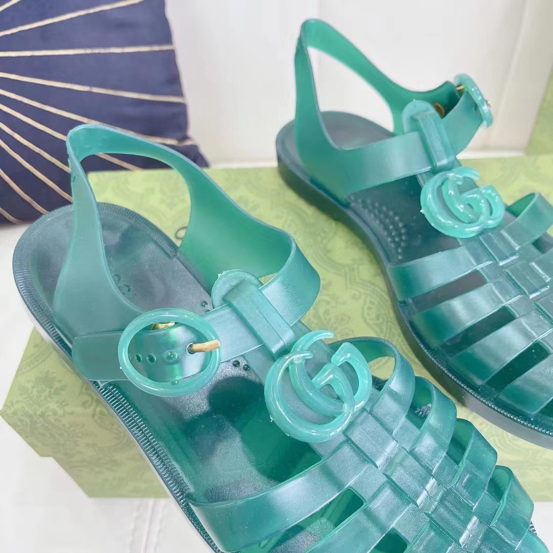 G*u*i unisex gg sandal double g transparent green rubber sole ankle buckle flat