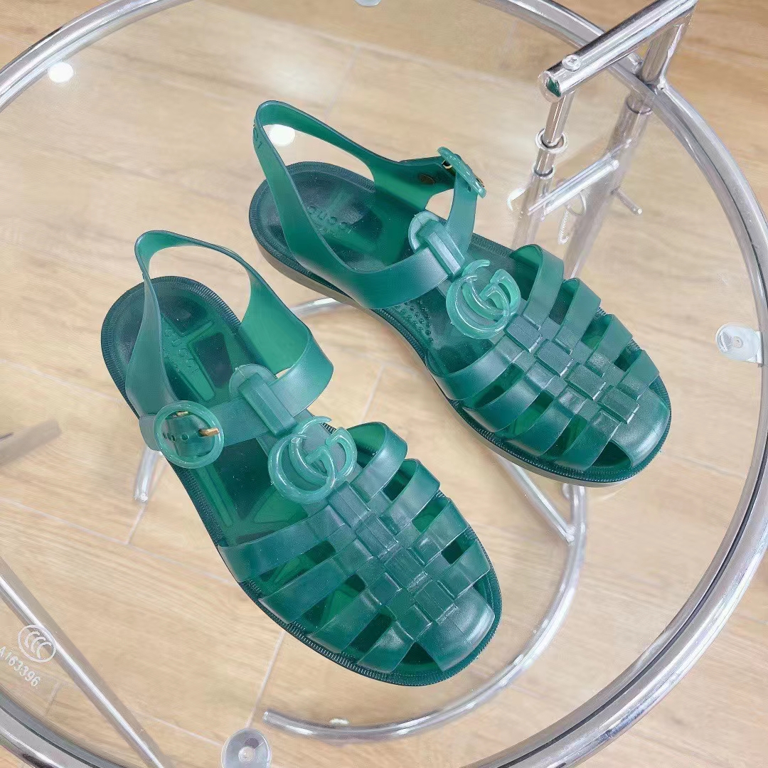 G*u*i unisex gg sandal double g transparent green rubber sole ankle buckle flat