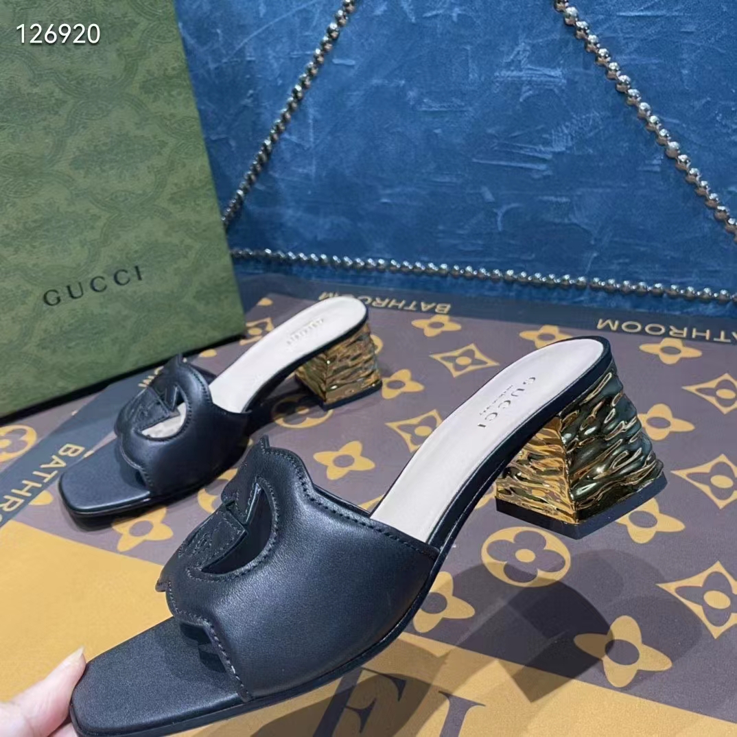 G*u*i women interlocking g cut-out sandal black leather mid-heel 5 cm heel