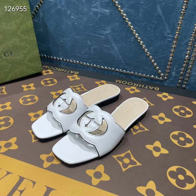 G*u*i unisex interlocking g cut-out slide sandals white leather flat 1 cm heel