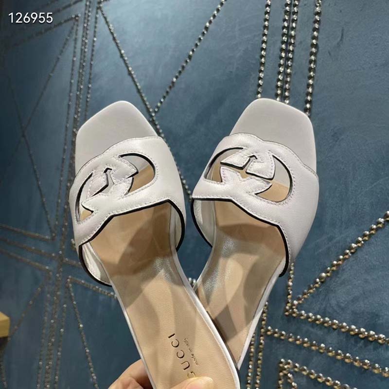 G*u*i unisex interlocking g cut-out slide sandals white leather flat 1 cm heel