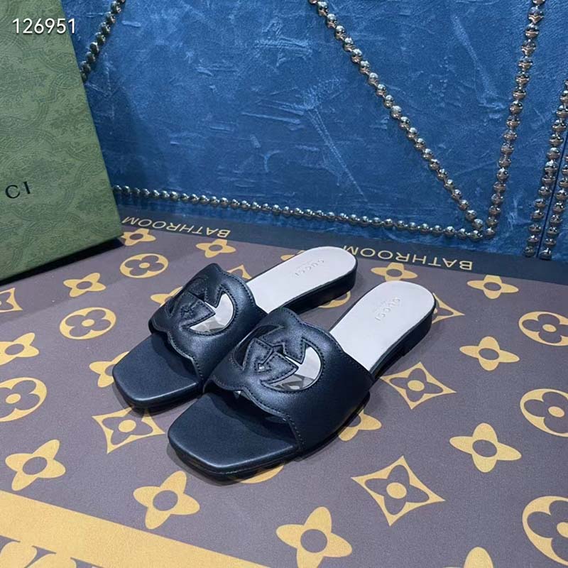 G*u*i unisex interlocking g slide sandals black leather cut-out flat