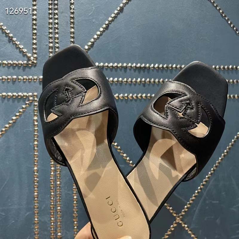 G*u*i unisex interlocking g slide sandals black leather cut-out flat