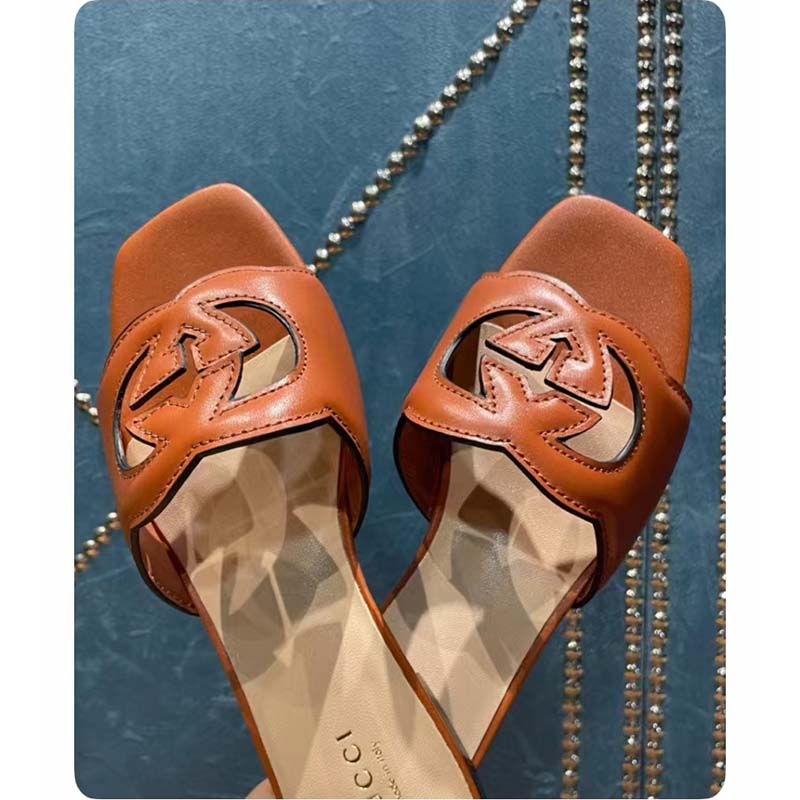 G*u*i unisex interlocking g slide sandals orange leather cut-out flat