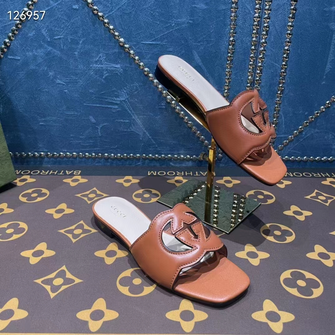 G*u*i unisex interlocking g slide sandals orange leather cut-out flat