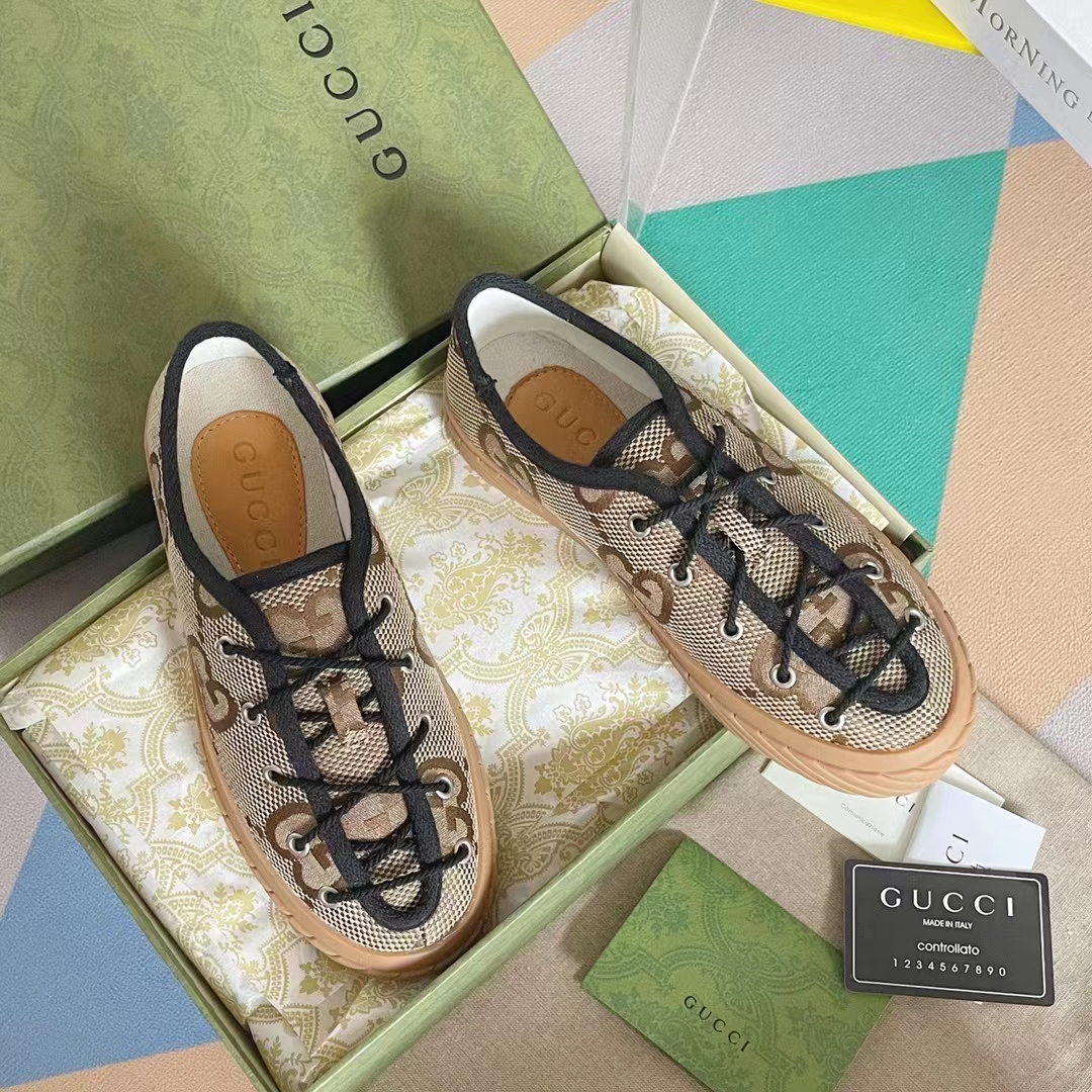 G*u*i unisex maxi gg sneaker camel ebony canvas rubber sole flat