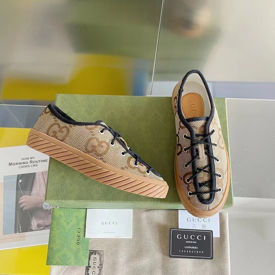 G*u*i unisex maxi gg sneaker camel ebony canvas rubber sole flat