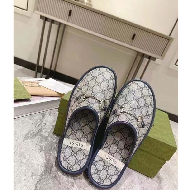 G*u*i unisex slipper horsebit blue beige gg supreme canvas horsebit rubber low heel