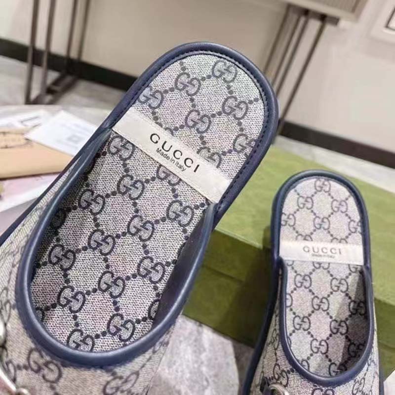 G*u*i unisex slipper horsebit blue beige gg supreme canvas horsebit rubber low heel