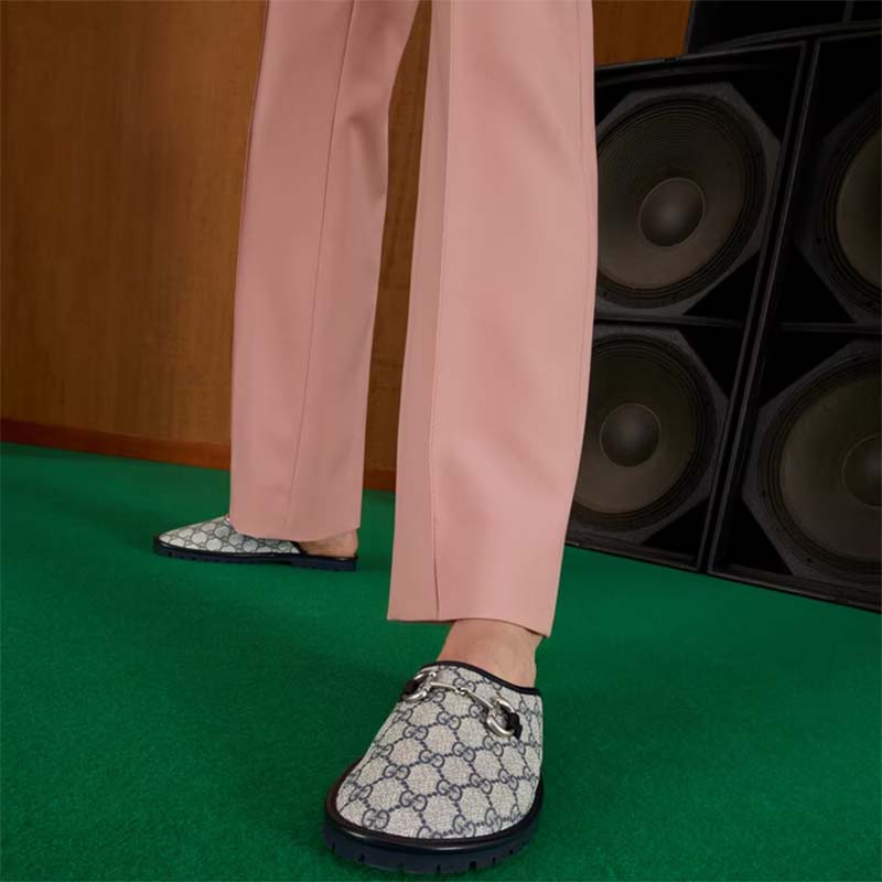 G*u*i unisex slipper horsebit blue beige gg supreme canvas horsebit rubber low heel