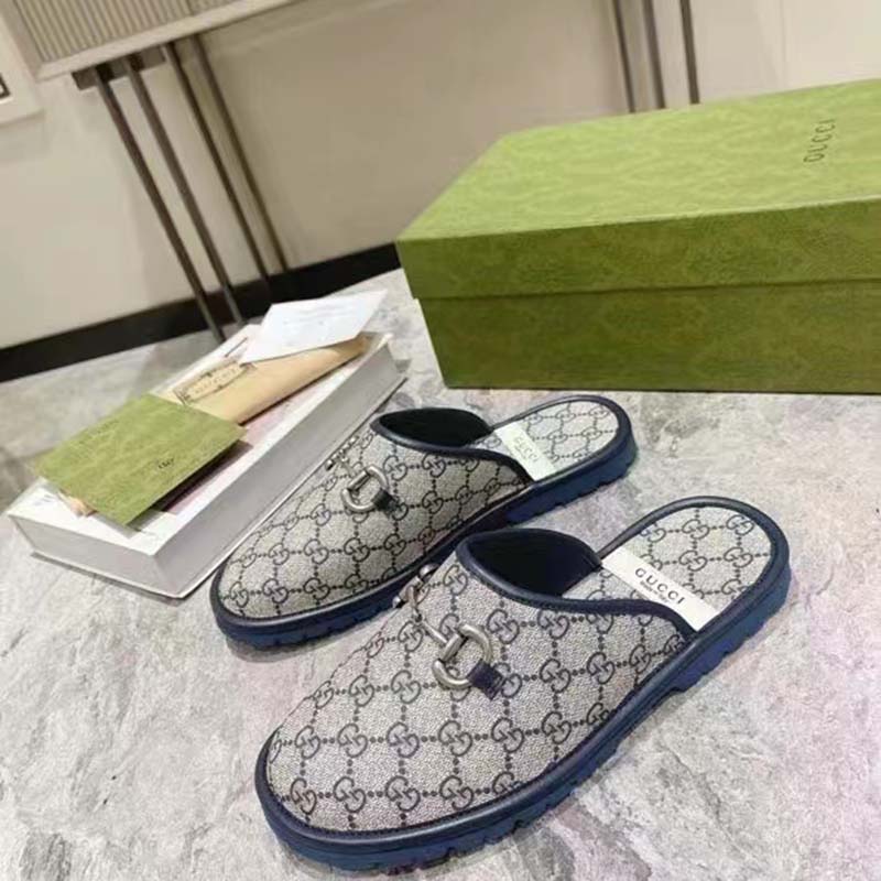 G*u*i unisex slipper horsebit blue beige gg supreme canvas horsebit rubber low heel