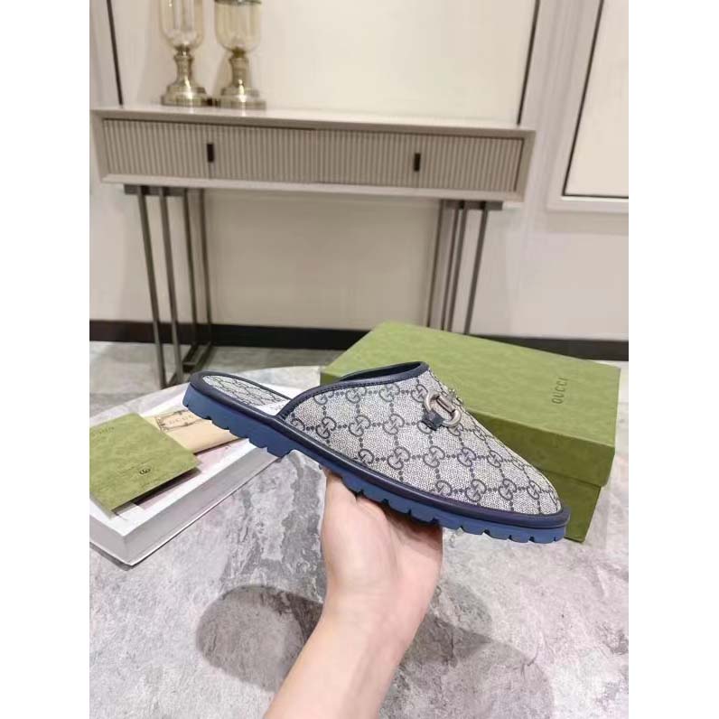 G*u*i unisex slipper horsebit blue beige gg supreme canvas horsebit rubber low heel