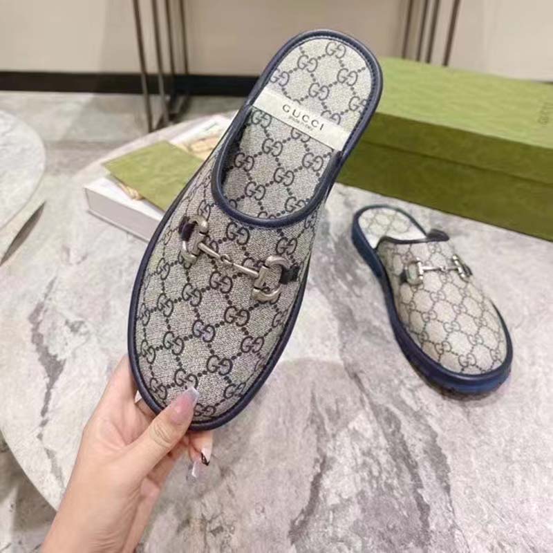 G*u*i unisex slipper horsebit blue beige gg supreme canvas horsebit rubber low heel