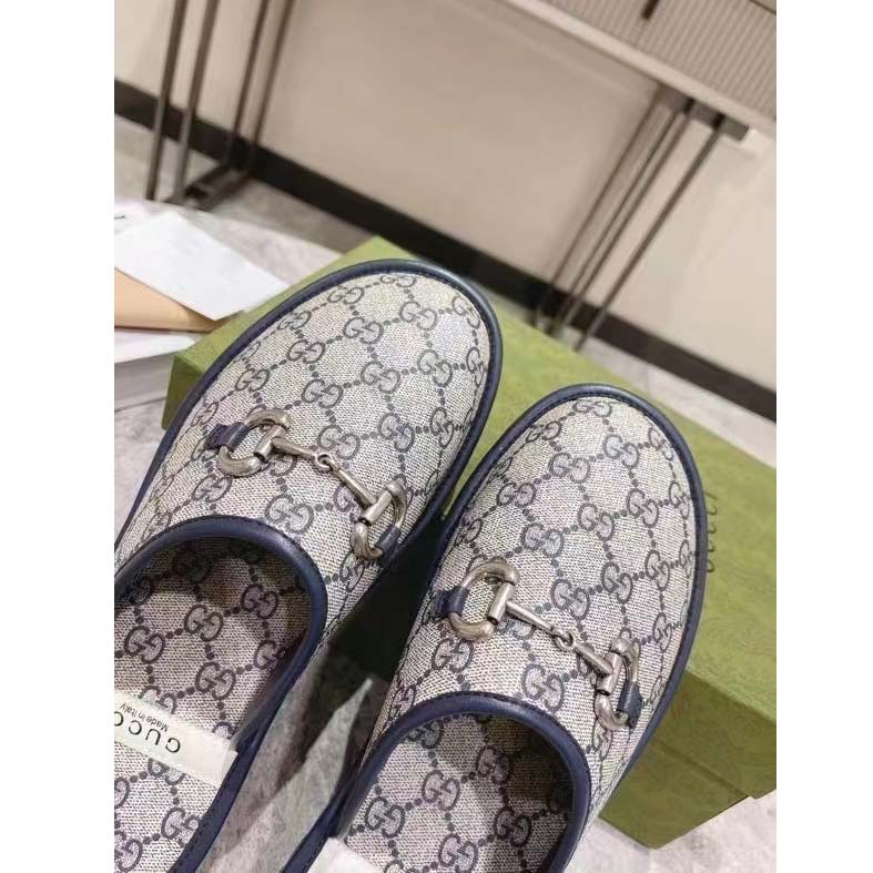 G*u*i unisex slipper horsebit blue beige gg supreme canvas horsebit rubber low heel