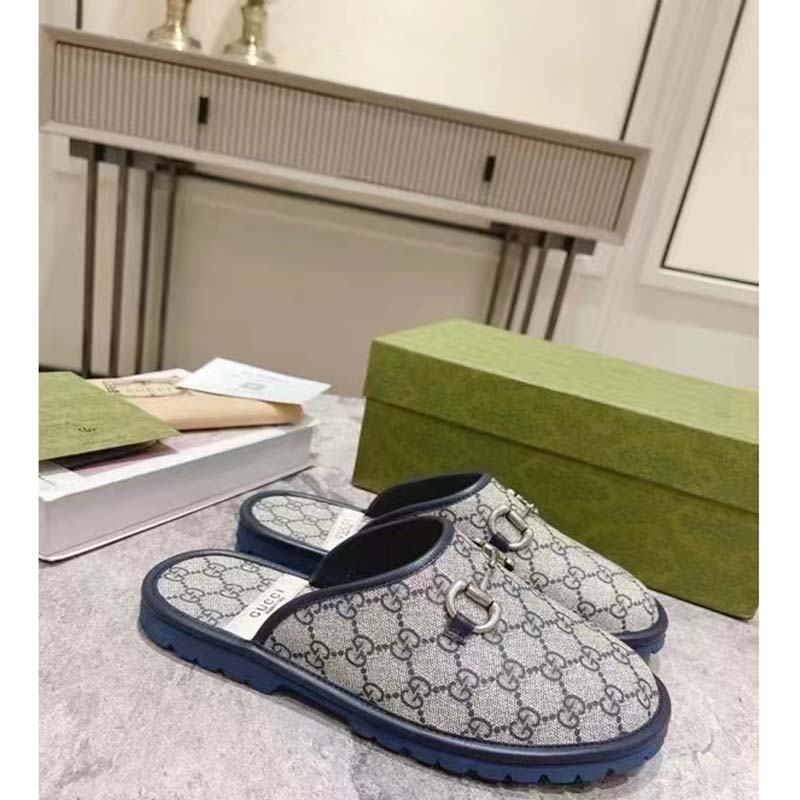 G*u*i unisex slipper horsebit blue beige gg supreme canvas horsebit rubber low heel