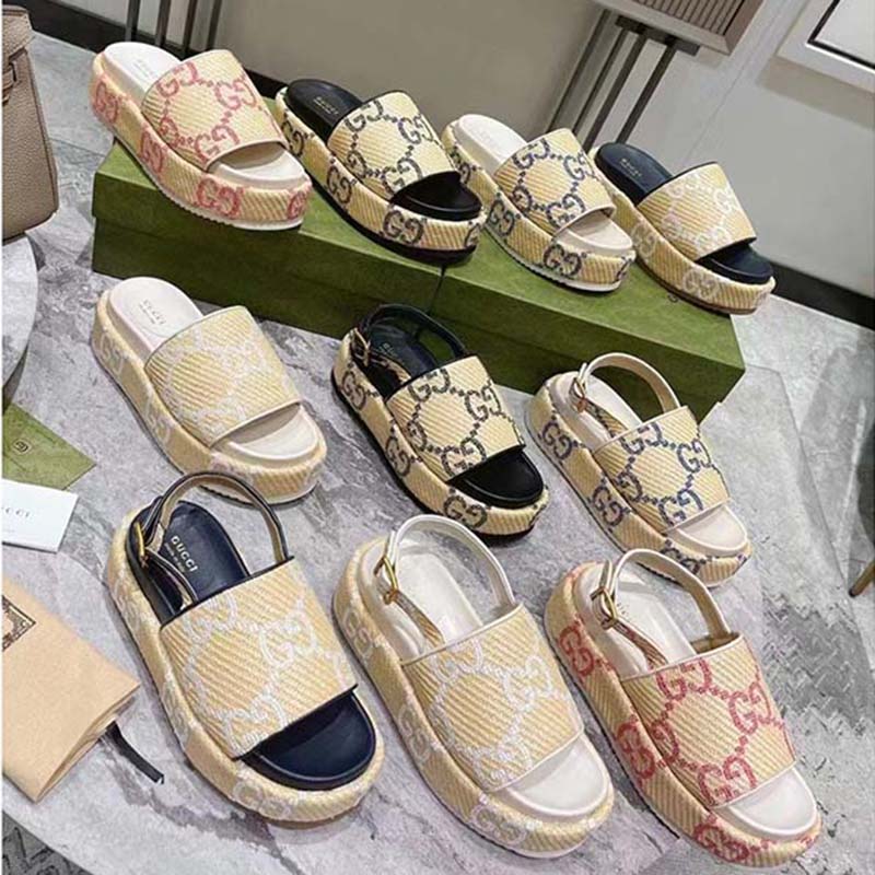 G*u*i women gg platform sandal beige light blue gg raffia effect fabric