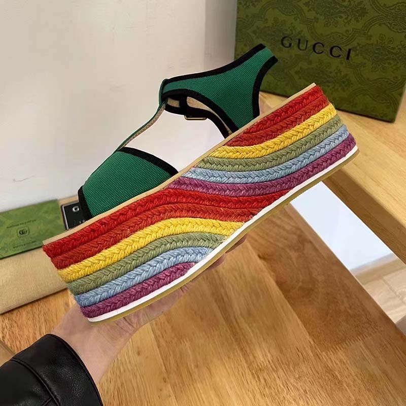 G*u*i women gg platform sandals green cotton double g embroidery 4 cm heel