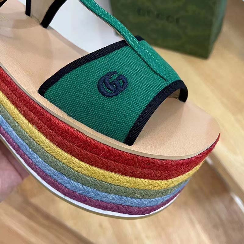 G*u*i women gg platform sandals green cotton double g embroidery 4 cm heel