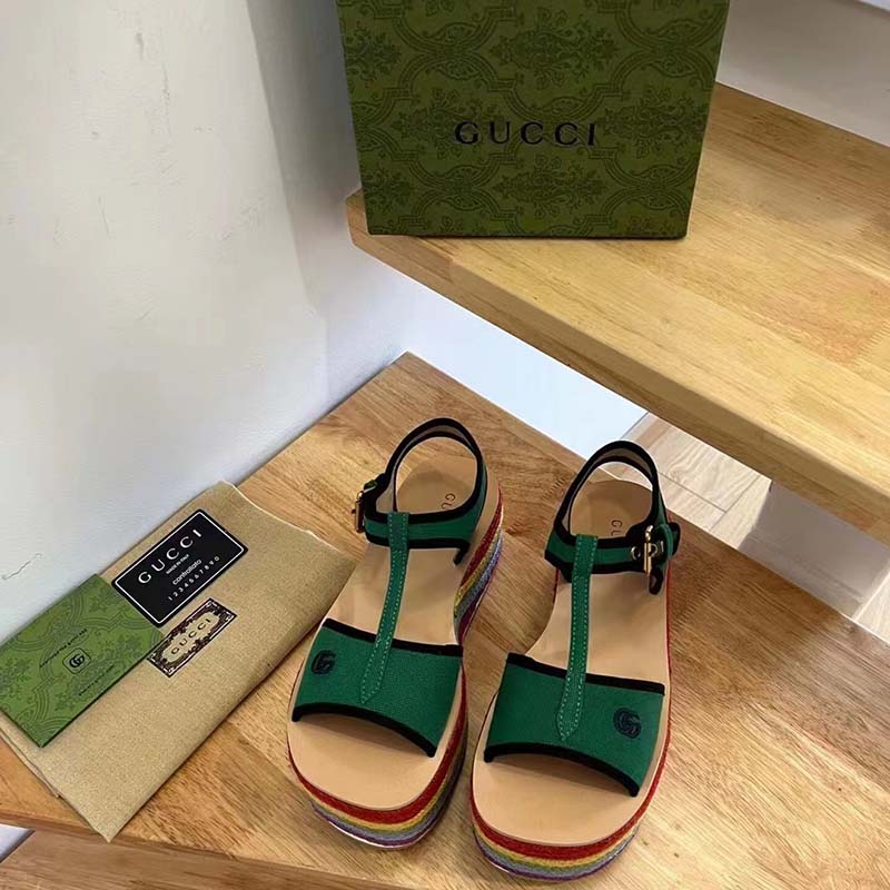 G*u*i women gg platform sandals green cotton double g embroidery 4 cm heel