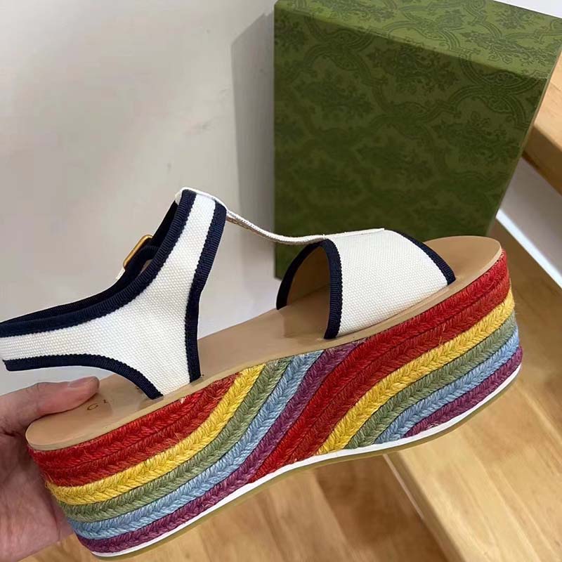 G*u*i women gg platform sandals white cotton double g embroidery 7 cm heel