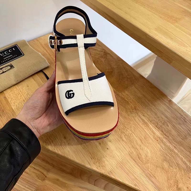 G*u*i women gg platform sandals white cotton double g embroidery 7 cm heel